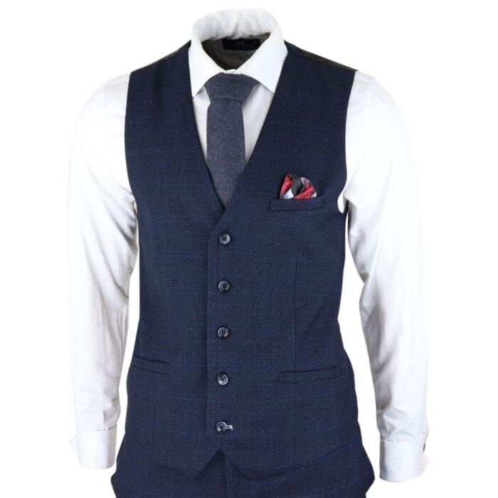 Mens Herringbone Tweed Navy Blue Check 3 Piece Vintage Suit Tan - Knighthood Store