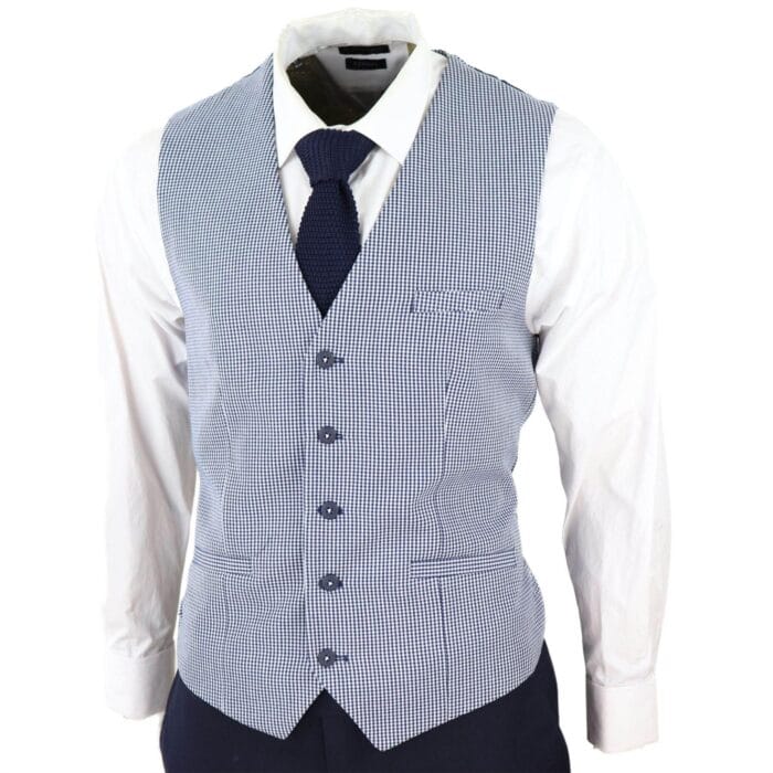 Mens 3 Piece Suit Grey Navy Contrasting Classic Summer Tailored Fit Regular Check - Knighthood Store