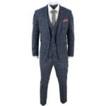 Mens Blue Check 3 Piece Suit Herringbone Tweed Vintage Tailored Fit Grey Velvet - Knighthood Store
