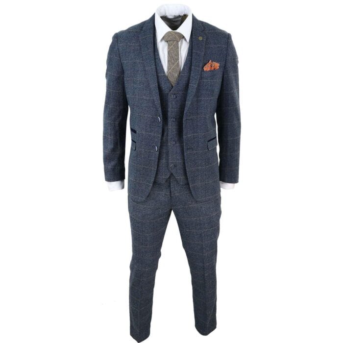 Mens Blue Check 3 Piece Suit Herringbone Tweed Vintage Tailored Fit Grey Velvet - Knighthood Store