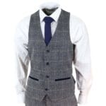 Mens Grey Check 3 Piece Suit Herringbone Tweed Vintage Tailored Fit Blue Velvet - Knighthood Store