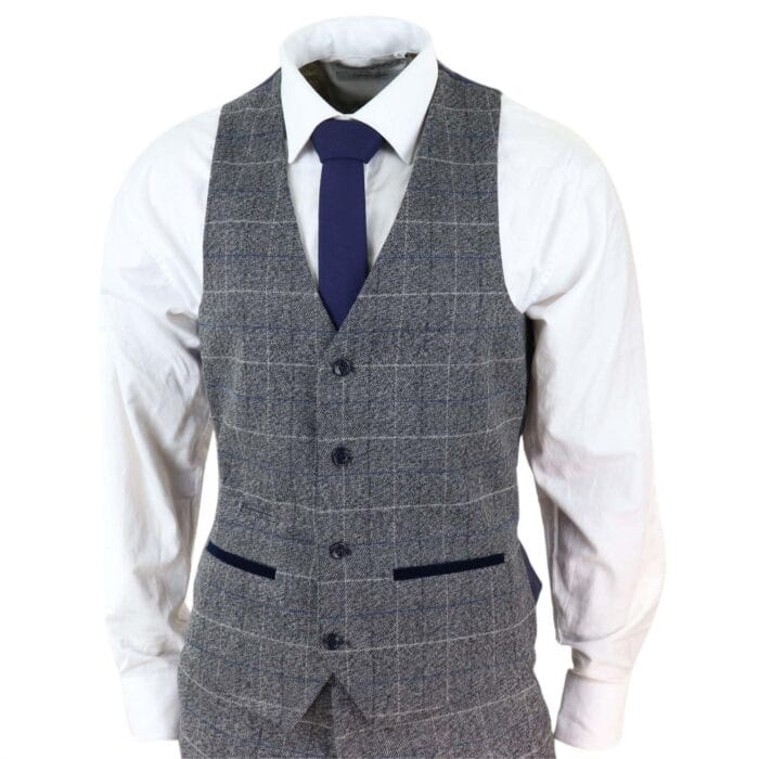 Mens Grey Check 3 Piece Suit Herringbone Tweed Vintage Tailored Fit Blue Velvet - Knighthood Store