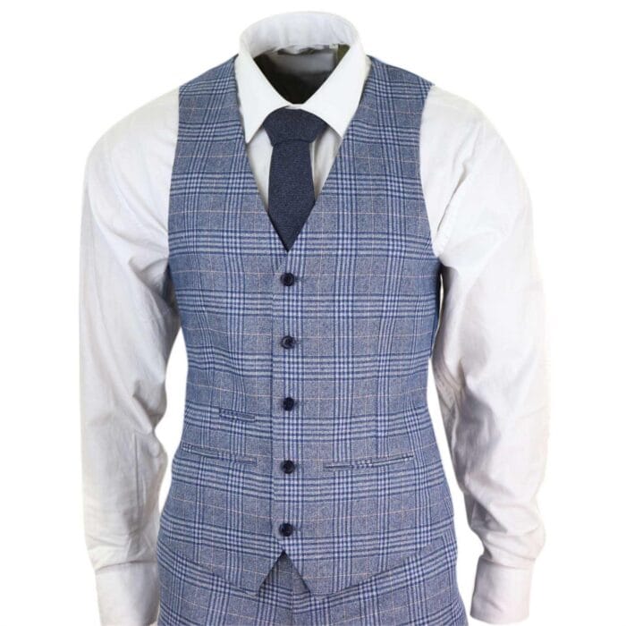 Mens Blue 3 Piece Suit Vintage Navy Tan Check Tailored Fit Classic Gatsby 1920s - Knighthood Store