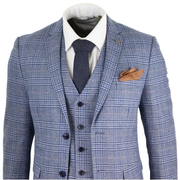 Mens Blue 3 Piece Suit Vintage Navy Tan Check Tailored Fit Classic Gatsby 1920s - Knighthood Store