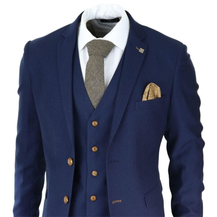 Mens Navy 3 piece Suit Brown Trim Classic Birdseye Vintage Wedding Grooms - Knighthood Store