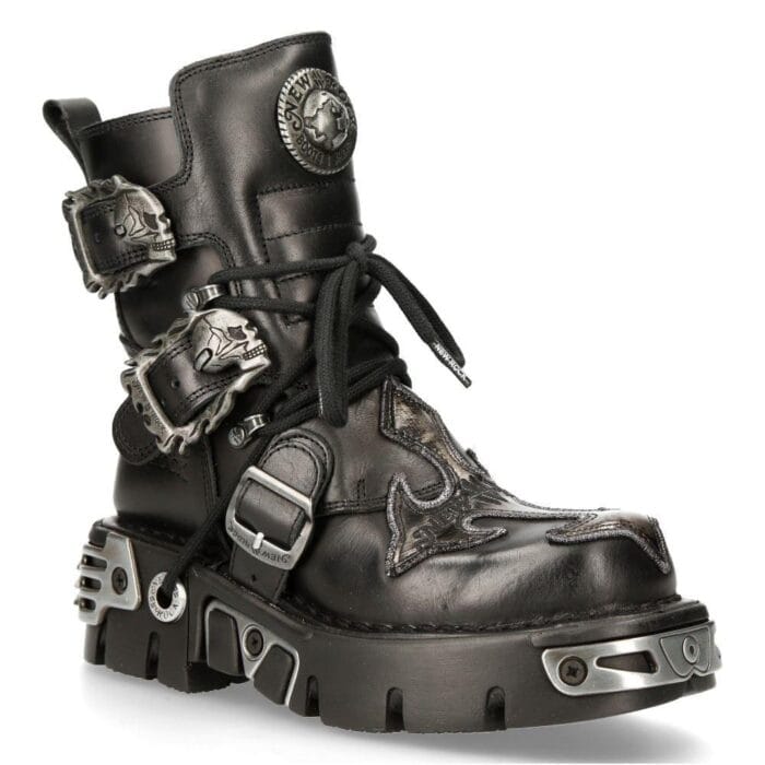 New Rock Mens 407-S1 Silver Cross Black Reactor Sole Leather Ankle Boots Gothic - Knighthood Store