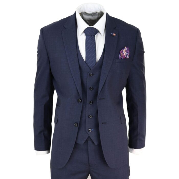 Mens 3 Piece Suit Navy Tailored Fit Classic Retro Vintage Wedding Prom Office - Knighthood Store