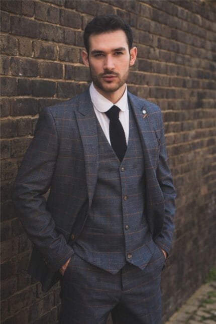 Men's Suit 3 Piece Navy Blue Checked Classic Plaid Tailored Fit Formal Dress - Knighthood Store