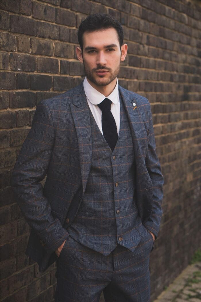 Men's Suit 3 Piece Navy Blue Checked Classic Plaid Tailored Fit Formal Dress - Knighthood Store