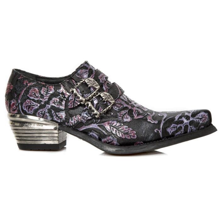 New Rock 7960-s8 Shoe Embossed Vintage Black Leather Buckle Steel Heel Shoes - Knighthood Store