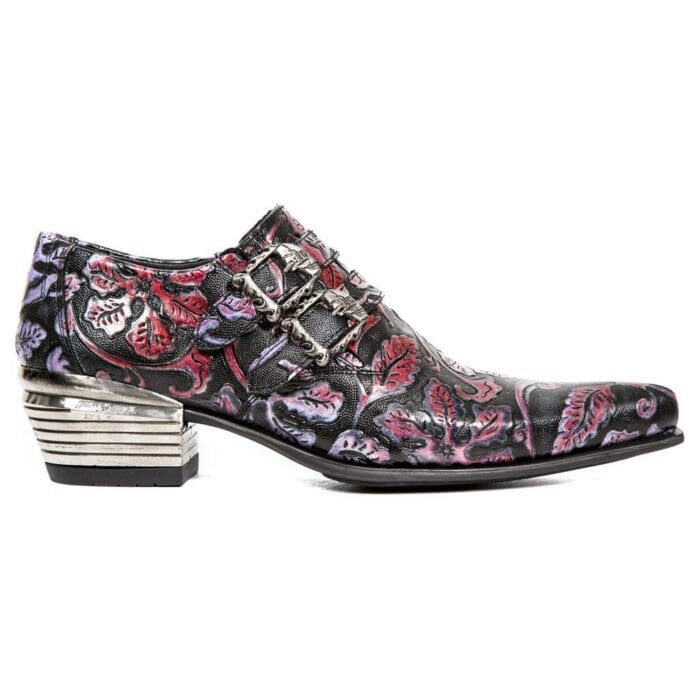 New Rock 7960-s6 Shoe Embossed Vintage Black Red Leather Buckle Steel Heel Shoes - Knighthood Store