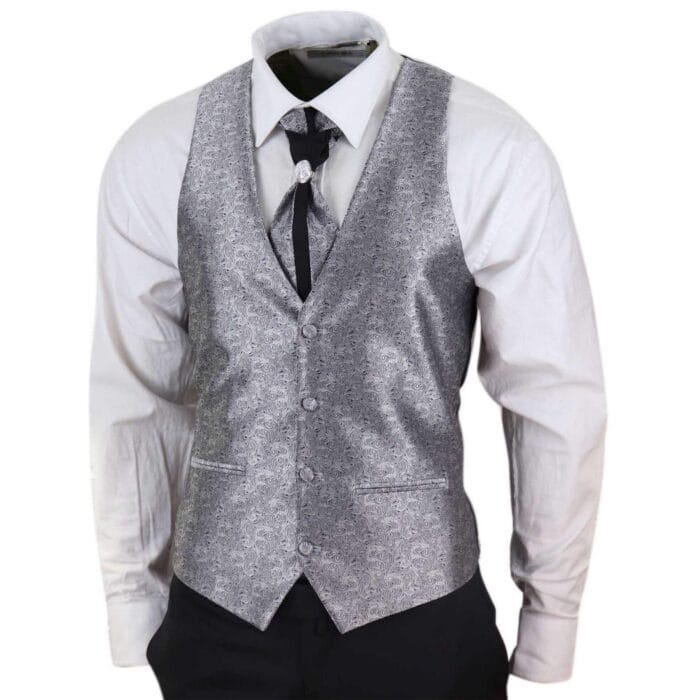 Mens 4 Piece Wedding Suit Groom Shawl Collar Vintage Black Silver Cravat Tailor - Knighthood Store