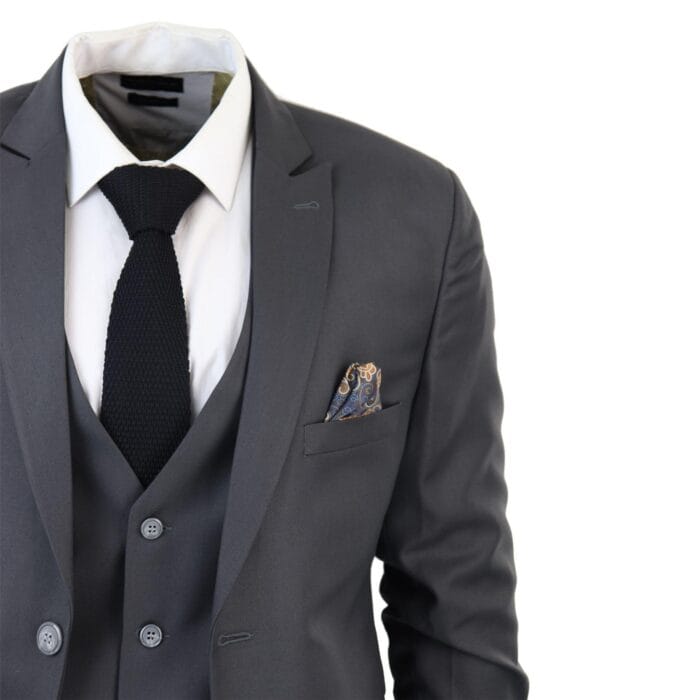 Men's Classic Charcoal Grey Suit 3 Piece Tailored Fit Vintage Office Wedding Prom - Knighthood Store