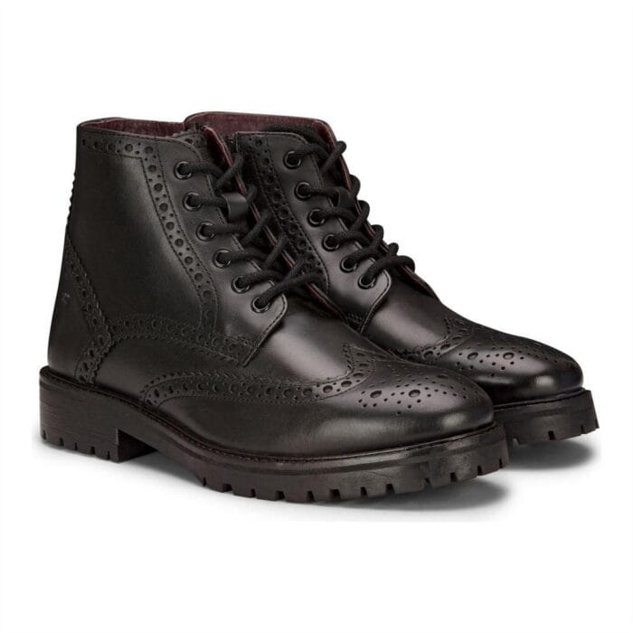 Mens Real Leather Laced Platform Brogue Military Boots Punk Rock Black Tan - Knighthood Store