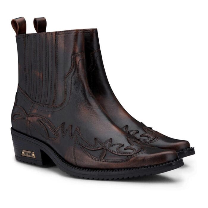 Mens Black Brown Slip On Ankle Boots Vintage Genuine Leather Cowboy Riding Pattern Wincklepickers Cuban Heel - Knighthood Store