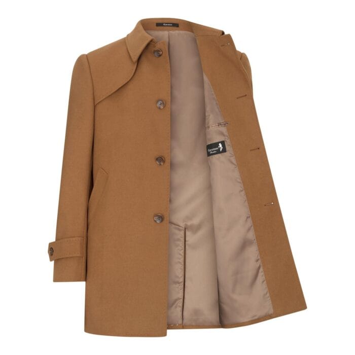 Mens Wool 3/4 Camel Tan Overcoat Classic Button Down Collar Premium Shoulder Patch - Knighthood Store