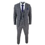 Mens Grey Check 3 Piece Suit Herringbone Tweed Vintage Tailored Fit Blue Velvet - Knighthood Store