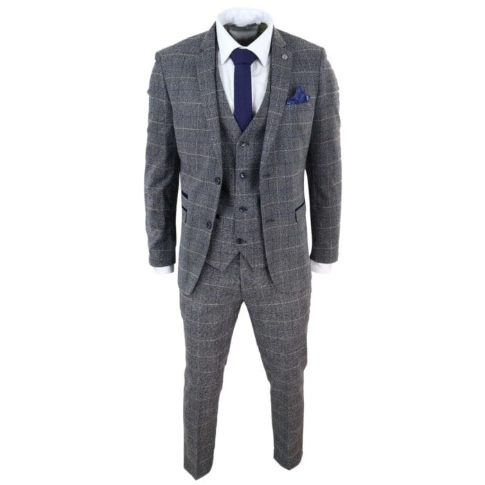 Mens Grey Check 3 Piece Suit Herringbone Tweed Vintage Tailored Fit Blue Velvet - Knighthood Store