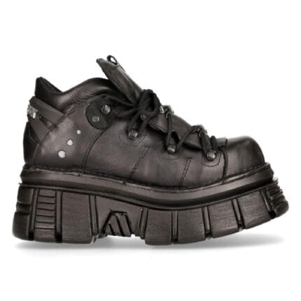 New Rock 106N-S52 TOWER SHOES Metallic Black Leather Biker Punk Gothic Boots - Knighthood Store
