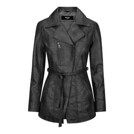 Ladies Women Real Soft Italian Black Leather Mid Length Jacket - Knighthood Store