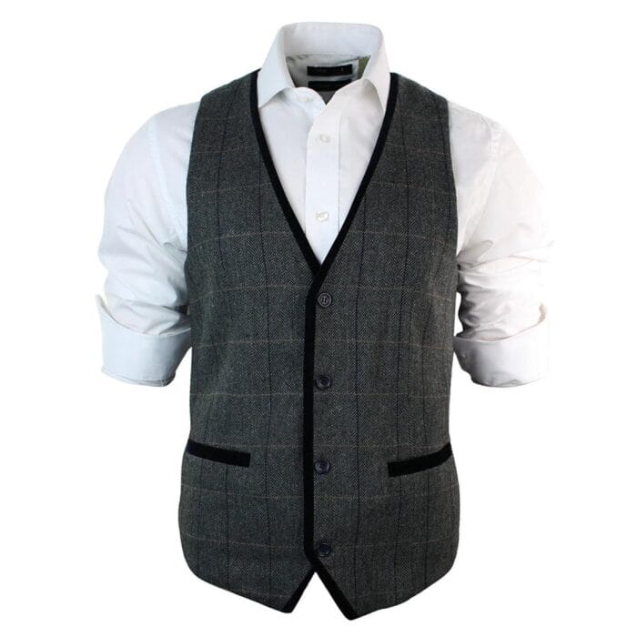 Mens Vintage Tweed Check Waistcoat Herringbone Tan Brown Grey Slim Fit Velvet Trim - Knighthood Store