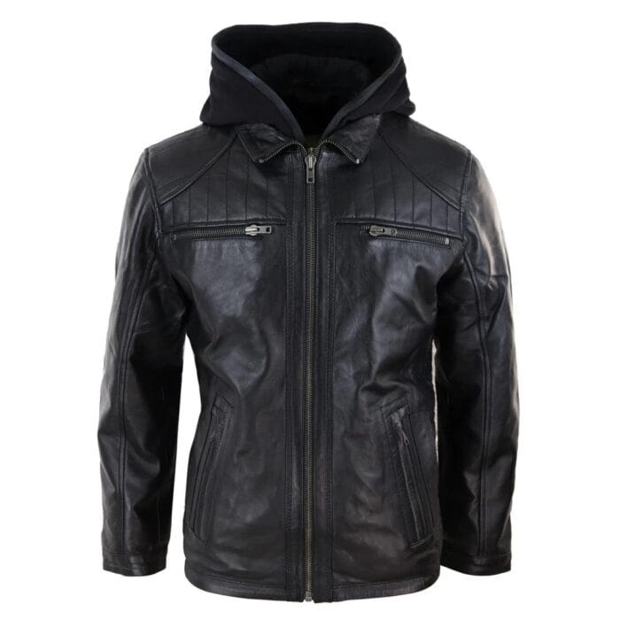 Mens Black Hoodie Real Leather Jacket Casual Removable Hood Zip Napa - Knighthood Store