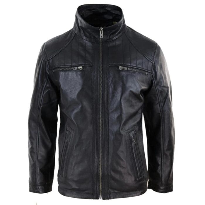 Mens Black Hoodie Real Leather Jacket Casual Removable Hood Zip Napa - Knighthood Store