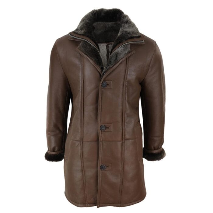 Mens 3/4 Duffle Jacket Real Sheepskin Long Smart Casual Button Zip Warm - Knighthood Store