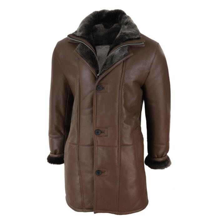 Mens 3/4 Duffle Jacket Real Sheepskin Long Smart Casual Button Zip Warm - Knighthood Store