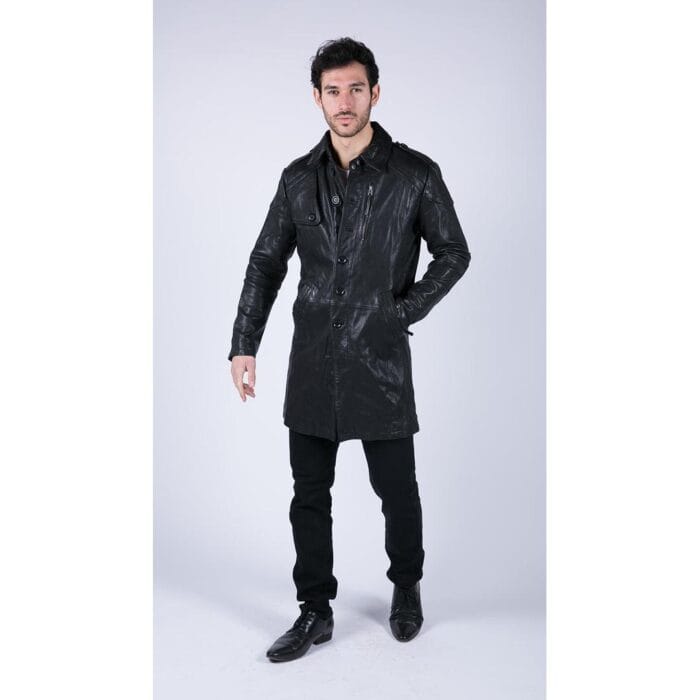 Mens Black Brown Real Leather Trench Coat Button Vintage 3/4 Casual - Knighthood Store