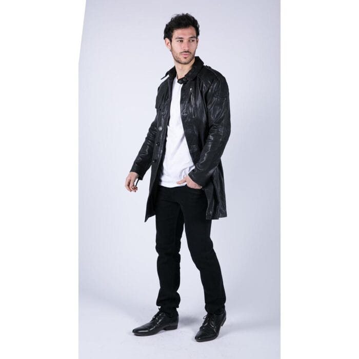 Mens Black Brown Real Leather Trench Coat Button Vintage 3/4 Casual - Knighthood Store