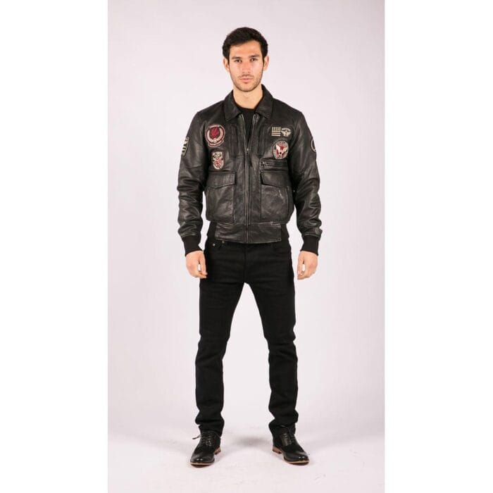 Mens Real Leather Black Bomber Badge Air Force Pilot Flying Jacket - Knighthood Store