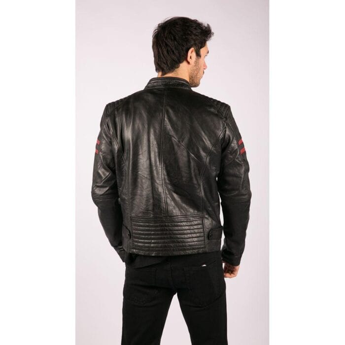 Mens Real Leather Biker Racing Jacket Red Stripes Zip Retro Casual Black Short - Knighthood Store