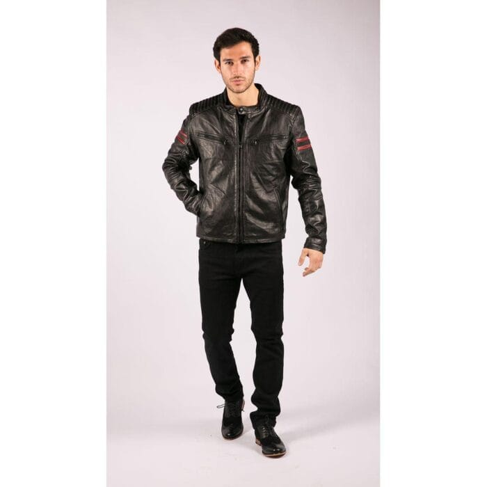 Mens Real Leather Biker Racing Jacket Red Stripes Zip Retro Casual Black Short - Knighthood Store