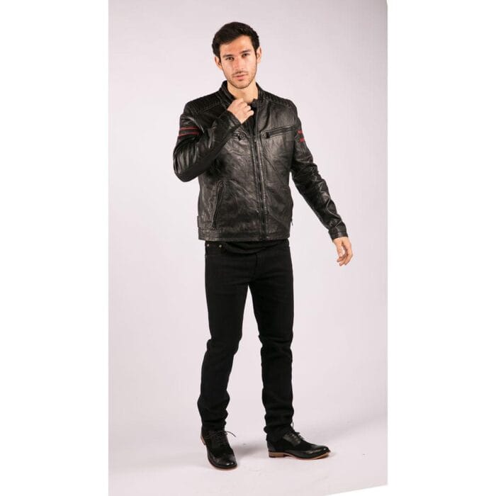 Mens Real Leather Biker Racing Jacket Red Stripes Zip Retro Casual Black Short - Knighthood Store