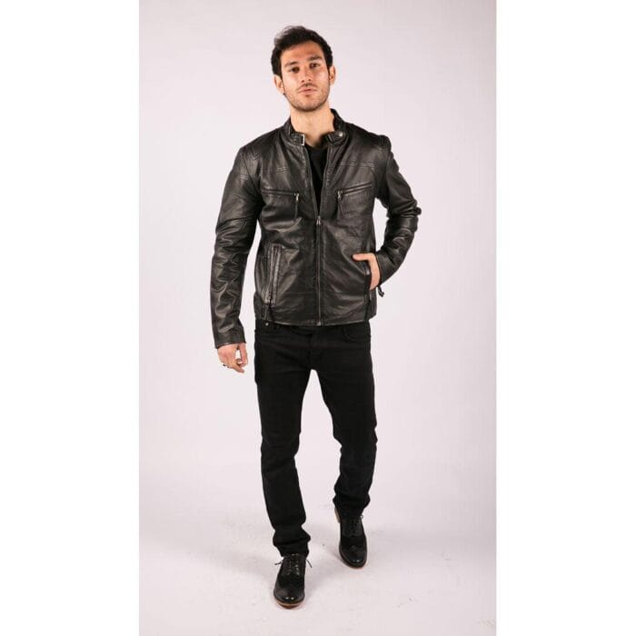 Mens Real Leather Jacket Biker Style Vintage Black Zipped Pockets Casual Fitted - Knighthood Store