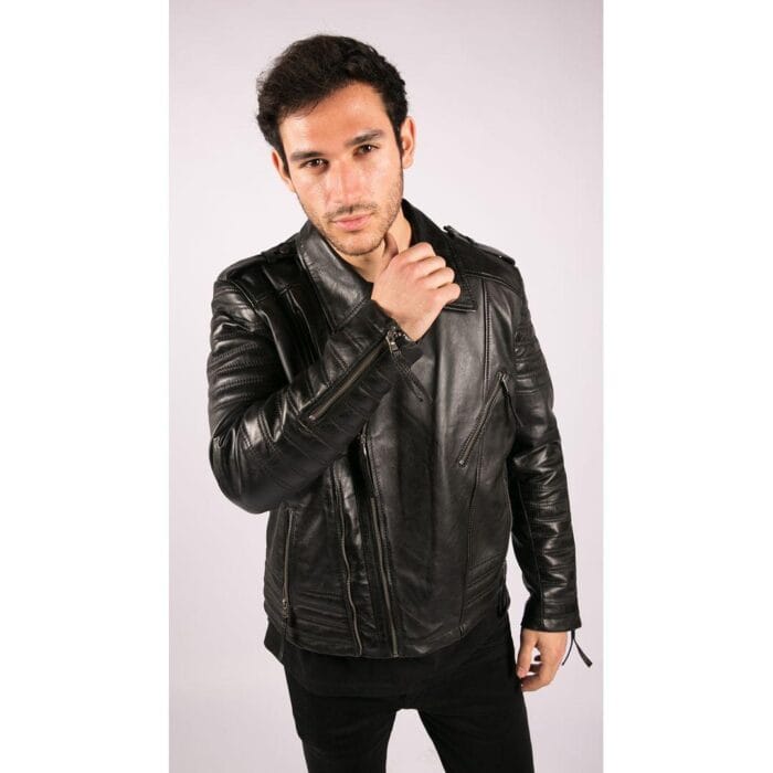 Mens Cross Zip Vintage Retro Biker Jacket Black Real Leather Urban Slim Fit - Knighthood Store