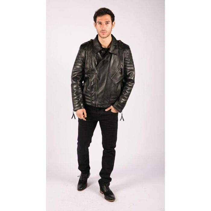 Mens Cross Zip Vintage Retro Biker Jacket Black Real Leather Urban Slim Fit - Knighthood Store