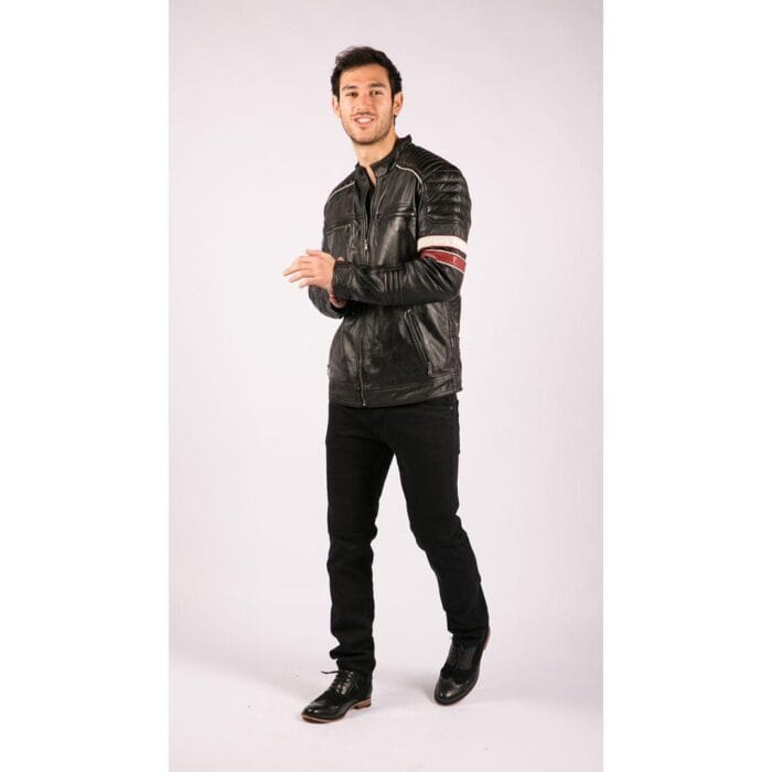 Mens Black Racing Biker Jacket Red White Stripes Real Leather Casual Fit - Knighthood Store