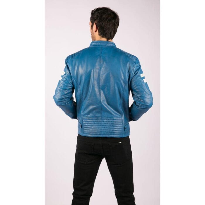Mens Real Leather Biker Racing Jacket Red Stripes Zip Retro Casual Black Short - Knighthood Store