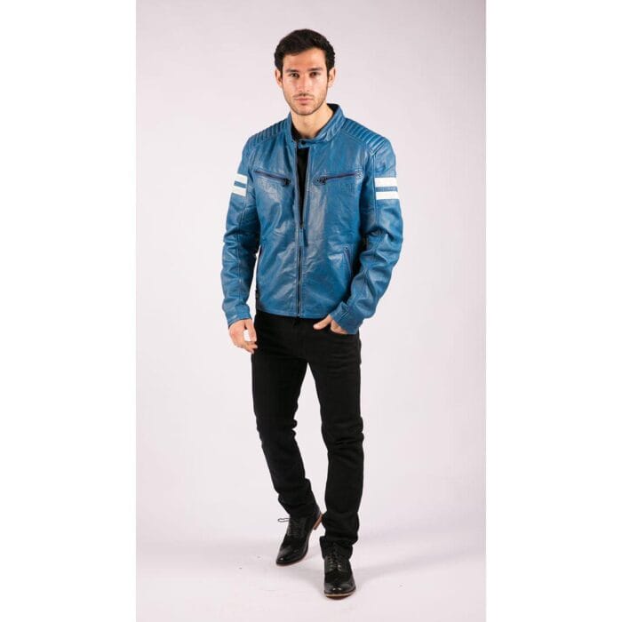 Mens Real Leather Biker Racing Jacket Red Stripes Zip Retro Casual Black Short - Knighthood Store