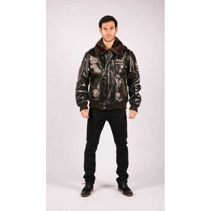 Mens Real Leather Jacket Bomber Aviator Style Badge Design Brown - Knighthood Store
