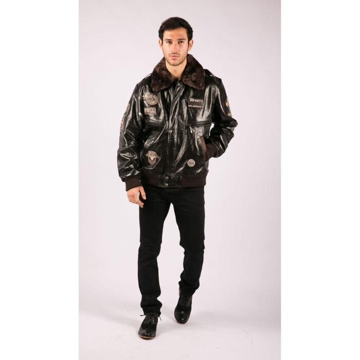 Mens Real Leather Jacket Bomber Aviator Style Badge Design Brown - Knighthood Store