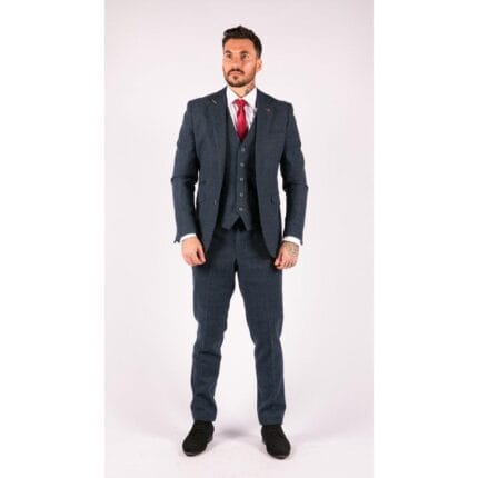 Mens 3 Piece Navy Blue Suit Tweed Check 1920's Tailored Fit Vintage - Knighthood Store