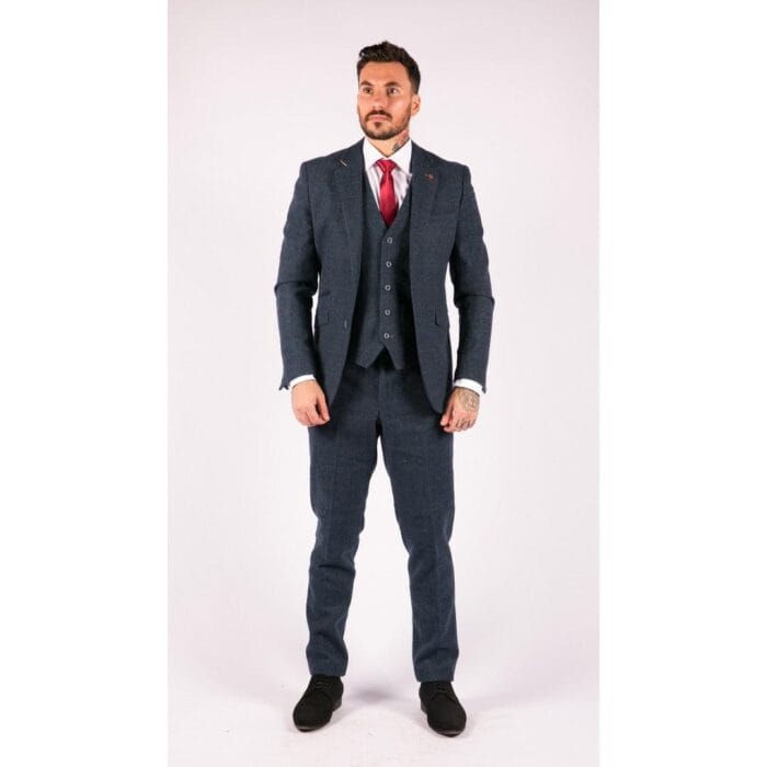 Mens 3 Piece Navy Blue Suit Tweed Check 1920's Tailored Fit Vintage - Knighthood Store