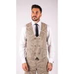 Mens Beige Navy Check Suit Vintage Classic Prince Of Wales Tailored Fit Wedding - Knighthood Store