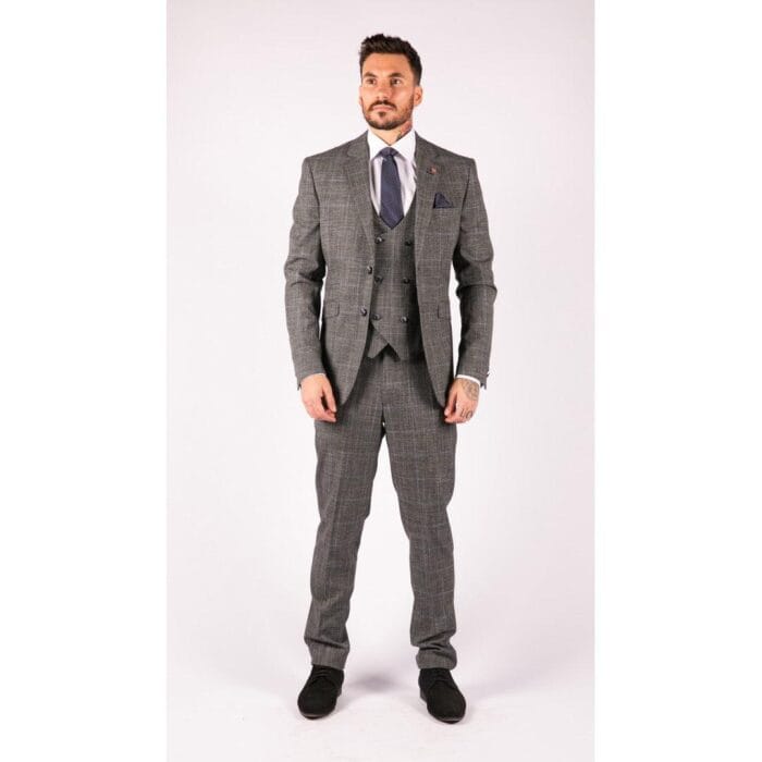Mens 3 Piece Tailored Fit Suit Check Grey Blue Double Breasted Vintage Wedding - Knighthood Store