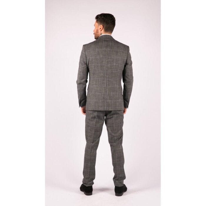 Mens 3 Piece Tailored Fit Suit Check Grey Blue Double Breasted Vintage Wedding - Knighthood Store