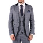 Mens Blue Check Marc Darcy 3 Piece Suit Double Breasted Waistcoat Elbow Patch - Knighthood Store