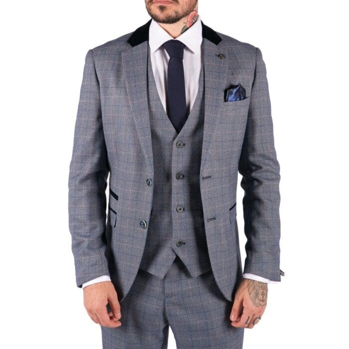 Mens Blue Check Marc Darcy 3 Piece Suit Double Breasted Waistcoat Elbow Patch - Knighthood Store